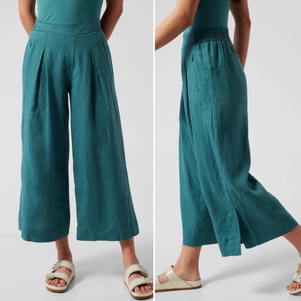 [Athleta] Playa 100% Linen Wide Crop Pants in Borealis Green 10
